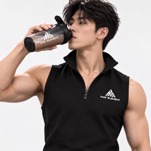 Image of Men's Sleeveless Half Zip Gym T-Shirt - Black Stand Collar Athletic Training Top | Regular Fit Sports Tank Top
