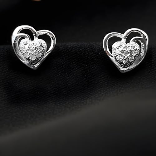 Image of Silver Heart Stud Earrings for Women - Sparkling Double Heart Design