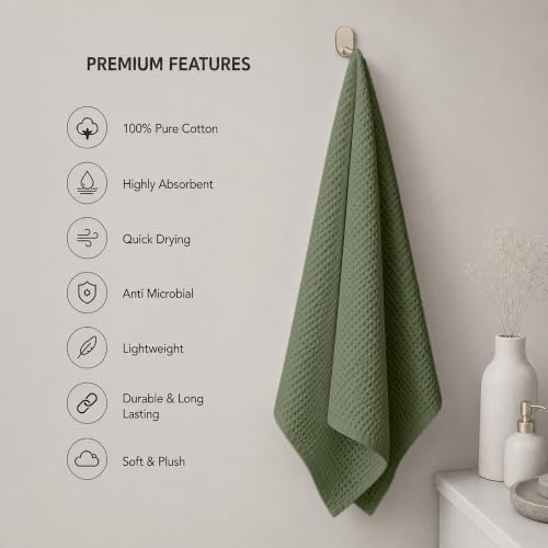 Image of Pure Cotton Waffle Towel | Lightweight | Anti Microbial and Water Absorbent | Soft Touch Quick Drying Bath Towel (Sage Green, Pack of 1)