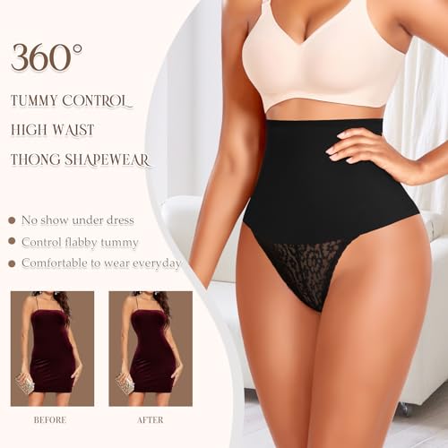 Image of Werena Thong Shapewear for Women Tummy Control Seamless High Waist Body Shaper Underwear Shaping Panties(#344 Smooth Lace Black, X-Large)