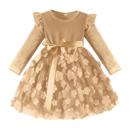 Toddler Girls Tutu Dresses Velvet Long Sleeve Dress for Little Girls Flower Ruffle Winter for Princess Holiday Party