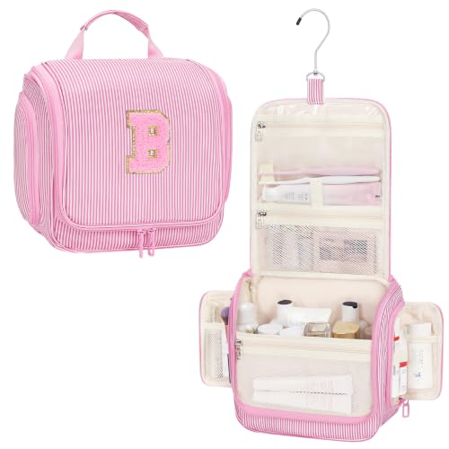 Relavel Hanging Toiletry Bag for Women, Travel Makeup Bag for Girls Kids Gifts Personalized Initial Toiletry Pouch Shower Bag, Travel Essentials Birthday Gifts for Teen Girls, Pink B