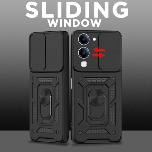 Image of Pikkme Back Cover for iQOO Z10 lite 5G / Vivo T4 lite 5G / Y19 5G / Y19e / Y04 4G / Y29s 5G | Sliding Camera Shield with Ring Stand | D10 Tough Armor Full Camera Protection Bumper Case (Black)