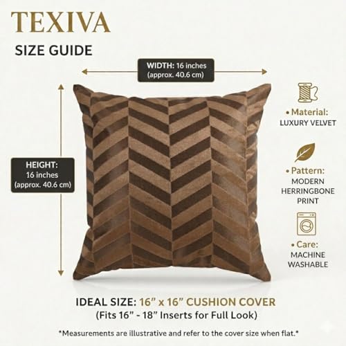 Image of TEXIVA Premium Velvet Cushion Covers Set of 5, 16x16 Inch Sofa Cushion Covers with Hidden Zipper, Modern Chevron Pattern - Brown
