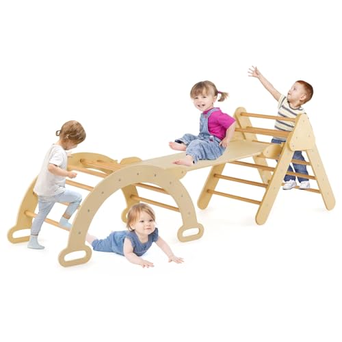 RELAX4LIFE 4 in 1 Triangolo da Arrampicata con Scivolo per Bambini, Arco da Arrampicata e Scala per Arrampicarsi in Legno, Montessori Giocattoli Bimbi 2 3 4 5 Anni (Naturale)