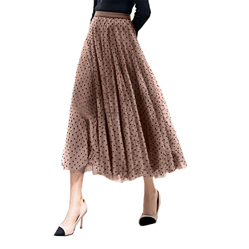 Falda midi de malla con estampado de lunares para mujer, falda elástica de cintura alta, falda acampanada con vuelo, falda tutú de tul larga plisada, 01 Caqui, Talla única