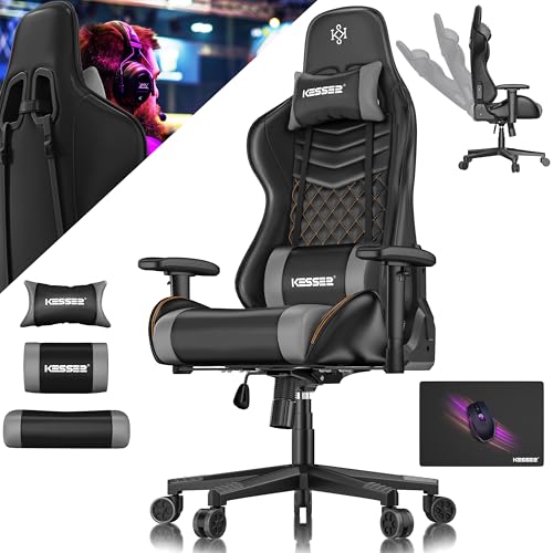 KESSER® Silla de gaming con reposacabezas y cojín lumbar, silla ergonómica para videojuegos, soporta 150 kg, reposabrazos para gamer, silla giratoria de escritorio con ruedas de goma