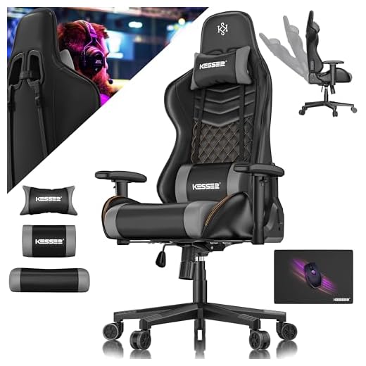 KESSER® Silla de gaming con reposacabezas y cojín lumbar, silla ergonómica para videojuegos, soporta 150 kg, reposabrazos para gamer, silla giratoria de escritorio con ruedas de goma