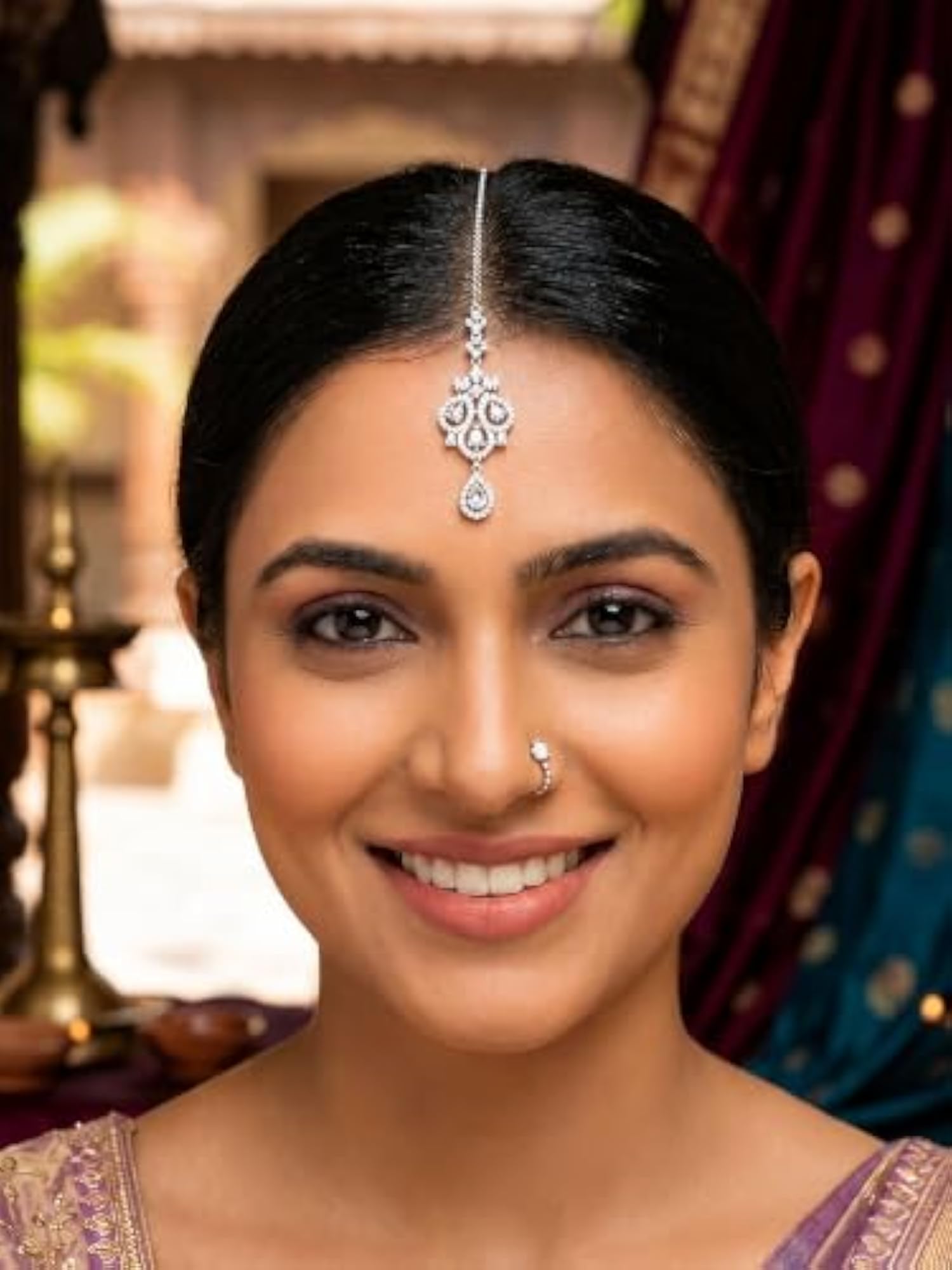 Stylish American Diamond Rhodium Plated Maang Tikka for Weddings