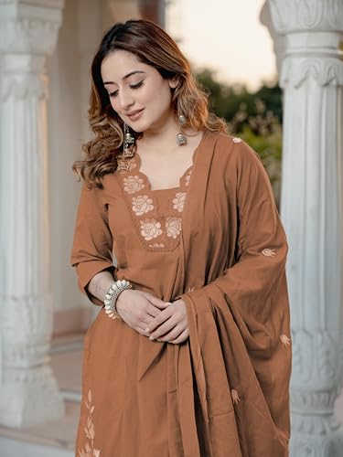 Image of Arayna Women's Pure Cotton Embroidered Kurta Pant Dupatta Set | Straight Kurta with Floral Embroidery | Ethnic Suit Set for Women