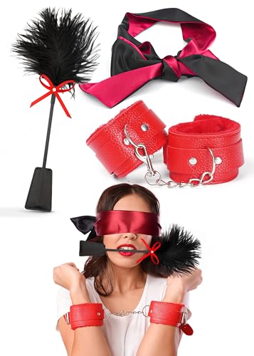 Padded Fluffy Cuffs for Grownups Red, Feather Tickler for Play and Adjustable Satin Eye Mask 59', Set for Bedroom