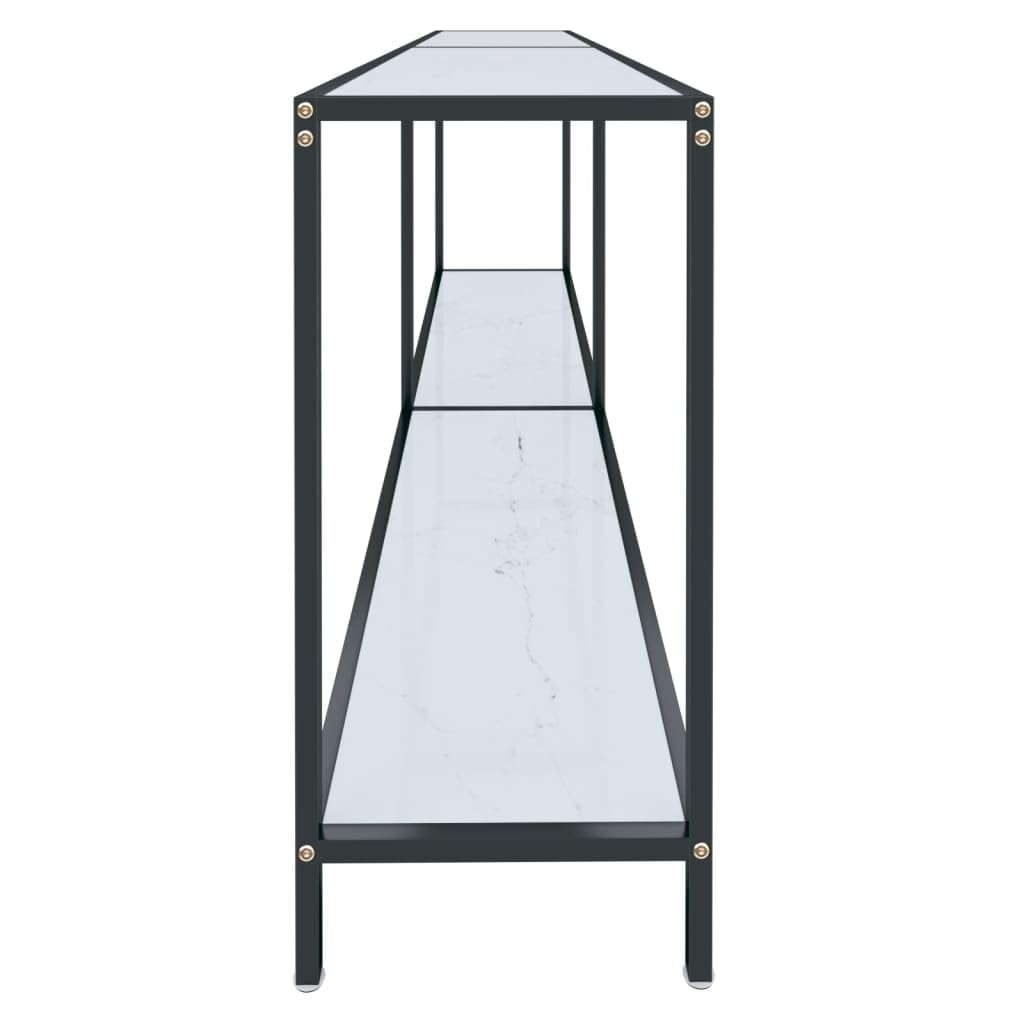Stolik konsolowy biały 200 x 35 x 75,5 cm, szkło hartowane i stal, stół do przedpokoju z półką, nowoczesne wzornictwo do salonu, wytrzymała szafka wejściowa