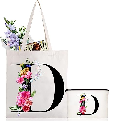 Andeiltech Initial Canvas Tote Bag Floral Letter Personalized Makeup Bag Monogrammed Gift...