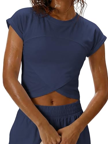 iGENJUN Womens T Shirts Crop Crossover Casual Basic Athletic Exercise Summer Workout Gym Yoga Slim Fit Short Sleeve Spring Crew Neck 2026,S,Navy Blue