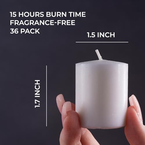 candwax unscented white votive candles set of 36 - clean-burning long-lasting 15 hour burn - ideal for weddings home dcor spa events - bulk value for versatile use