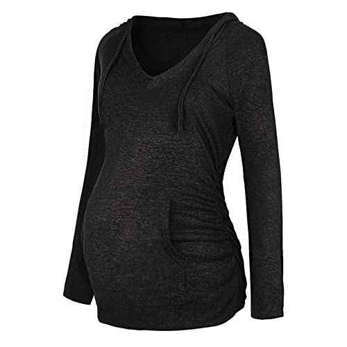 Jersey negro 44 mujeres ropa de maternidad casual manga larga cuello en V cordón sudadera con capucha sudaderas finas blusa top con bolsillo blusas mujer azul, Negro , L