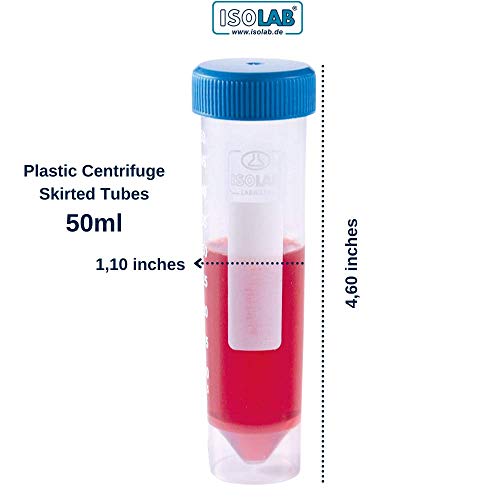 ISOLAB - Lot de 50 tubes de centrifugeuse en plastique polypropylène - tubes à essai gradués avec bouchon à vis bleu, autoportant - pour stockage à froid, fond plat - 50 ml