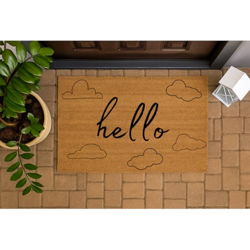 Image of Trendi Coir Door Mat 60 x 40cm – Natural Coconut Fibre Doormat for Indoor & Outdoor Use – Non Slip PVC Backing – Entryway Dirt Trapper Rug – Heavy Duty Front Door Mat (Hello with clouds)