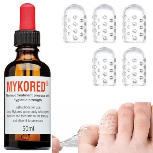 Mykored Nail Tincture for Athletes Foot & Fungal Infections 50ml +5 Pack Breathable Toe Caps for Missing & Damaged Toenails Ingrown Nails Corns Blisters Hammer Toes & Friction Relief
