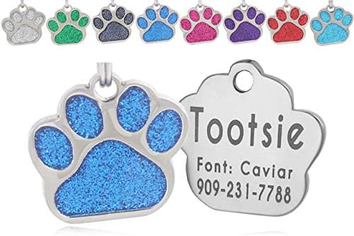io tags Pet ID Tags, Personalized Dog Tags and Cat Tags, Custom Engraved, Easy to Read, Cute Glitter Paw Pet Tag (Blue)