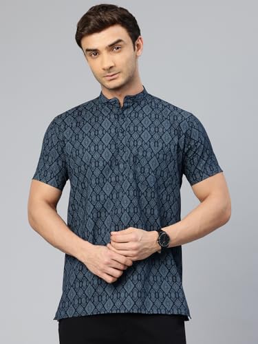 Image of Majestic Man Men Slim Fit Ethnic Motifs Cotton Printed Half Sleeve Short Kurta