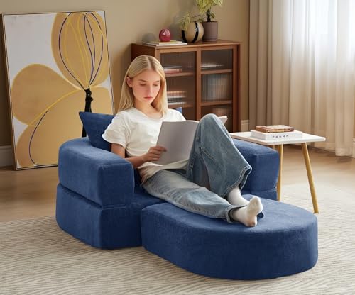 Folding Sofa Bed Chair, 2 in 1 Convertible Sofa to Lounger, High Density Foam Single Floor Sleeper Chair for Living Room, Apartment, Dorm, Small Spaces, Chenille Fabric and Wide Armrest, Blue