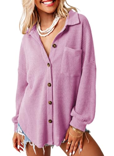 Image of Dokotoo Womens Waffle Knit Shacket Jacket Casual Button Down Shirts Tops | Long Sleeve,Loose Fit,Boyfriend Style,Collared V Neck,Fall Cardiga,Outwear with Pockets