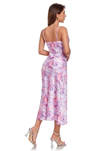 Image of Women's Spaghetti Strap Midi Satin Silk Dresses Slip Cowl Neck Party Cocktail Evening Sexy Dress