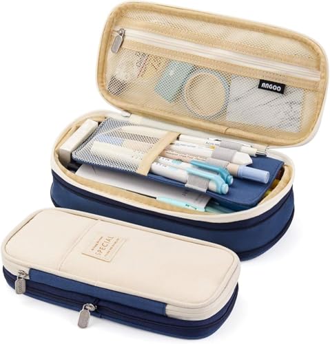 Image of Canvas School Bag Pencil Case, 3 Layer 6 Compartment Large Capacity, Aesthetic Pencil Pouch for Stationary, Cute Stationery for Kids, Pencil Case for Girls & Boys (Blue)