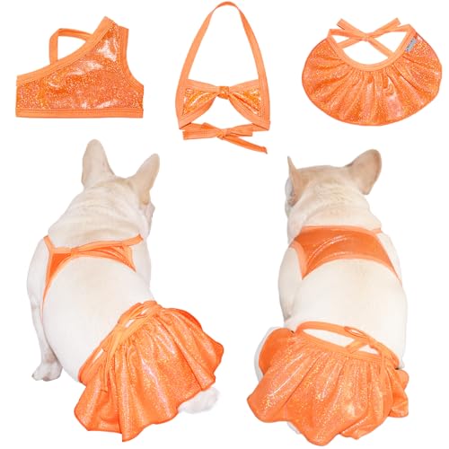 TONY HOBY 犬用ビキニドレス,犬のビキニ衣装 ペットバススーツ犬サンドレスメス犬服 可愛い 犬服 水着 水泳着 小型犬猫用 伸縮性 ビーチの服 女の子 通気性 調節可能(3個、オレンジ、L)