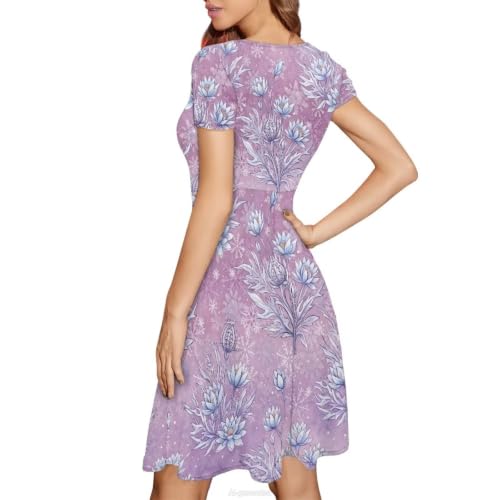 Image of POLERO Women Puffy Swing Elegant Party Midi Dresses Short Sleeve Round Neck A-Line Dress
