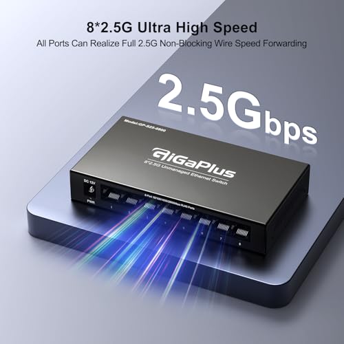 Image of 8 Port 2.5Gb Unmanaged Ethernet Switch with 8* 2.5G Base-T Ports. GiGaPlus 2.5Gbps Network Switch for 2.5Gbps NAS /PC, WiFi6 Router, Wireless AP. Fanless Design, Plug and Play