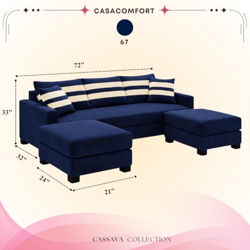 Image of Kassian Rich Velvet Suede 3 Seater Sofa Set with 2 Ottomans | Spacious Soft Touch Comfort Seating | Modern Sofa for Living Room - Dark Blue