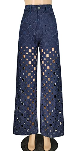 CHARTOU Women Chic High Waisted Hollow Out Denim Pants Cutout Ripped Jeans Wide Leg Party Night Out Punk2