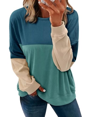 KISSMODA Women's Casual Long Sleeve Sweatshirt Color Block/Solid Crewneck Corduroy Pullover Cute Tops