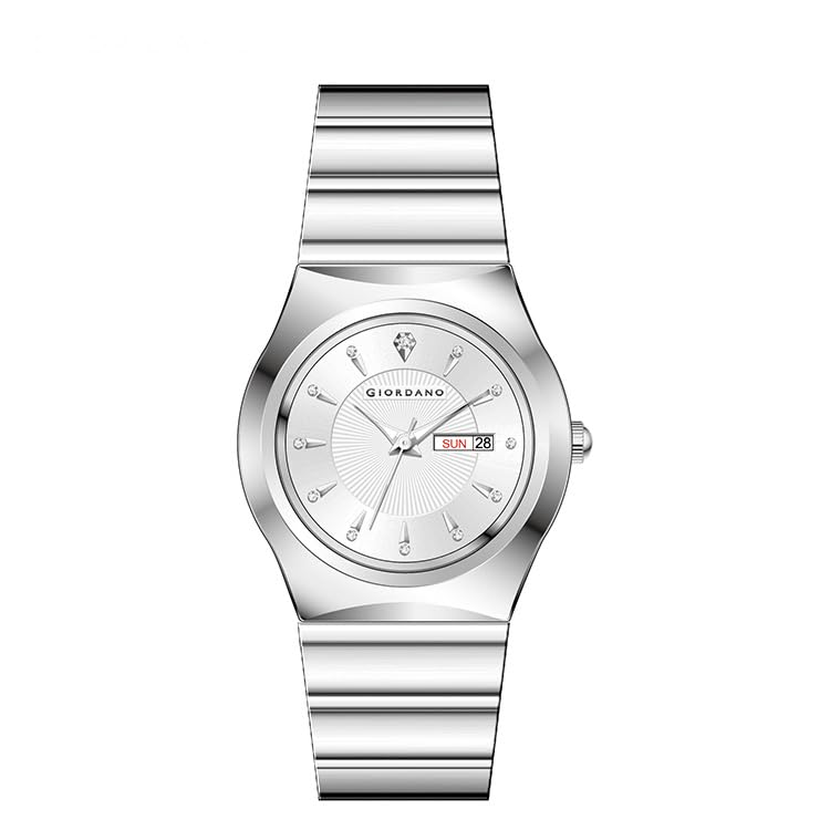 Image of Giordano Analog Pair Watch for Unisex with Round Dial, Crystal Indices, Date Display and Stainless Steel Strap