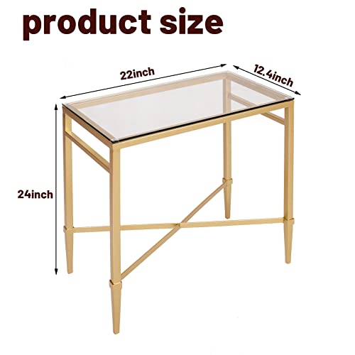 Seekelegant Gold Side Table, No Assembly Narrow End Table With Glass Top, Small Nightstand Rectangular Modern Metal Coffee Bedside Table For Living Room, Bedroom, Office, 22" X 12.4" X 24" #TOP2