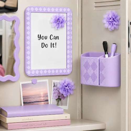 Image of 8 PCS Purple Locker Accessories Kit for Girls with Magnetic Mirror Whiteboard Pen Holder Flower Magnets Cute Aesthetic Locker Decoration Set for School Dorm Office Organization