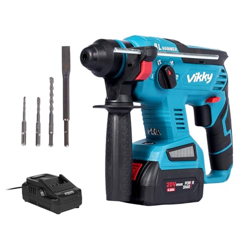 Vikky 20V SDS Plus rotary hammer drill, brushless cordless demolition hammer kit, with 4.2Ah battery and charger, 4 functions, suitable for drill bits, point/flat/U-shaped chisels