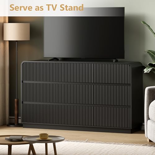 Image of Wodeer Black Dresser Fluted 9 Drawers Dresser for Bedroom, 59 inch Wide Wood Chest of Drawers with Hidden Handles & Rounded Corners, Modern TV Stand Storage Cabinet for Living Room, Hallway, Entryway