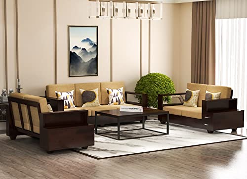 Image of Sheesham Wood 7 Seater Sofa Set with 2 Drawer Storage | 3+2+2 Wooden Sofa Set Furniture for Living Room Home Office (Walnut)