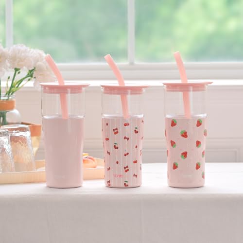 Image of YOME 20oz Stripe Cherry Pink Insulated Glass Tumbler with Lid & Straw for Women Gift | Stainless Steel Iced Coffee Cup | Keep Drinks Cold |Cupholder Friendly |Ideal for Iced Coffee, Smoothies & Boba