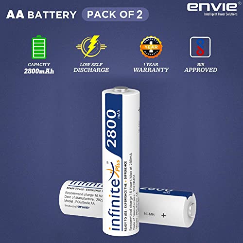 Image of ENVIE (ECR20+AA2800 4PL) Charger for AA & AAA Rechargeable Batteries & Infinite Plus AA High Capacity (2800mAh) Ni-MH Rechargeable Ready to Use Battery Pack of 2