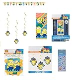 Despicable Me Birthday Party Supplies Bundle includes 1 Happy Birthday Banner, 1 Plastic Door Poster, 3 Hanging Swirl Decorations, 1 Dinosaur Sticker Sheet
