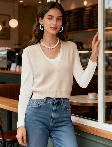 LUXEBOLD Womens Long Sleeve Lace T-Shirts V Neck Layering Basic Shirts Tops Slim Fit Stretch Undershirts Tee White S — view 6