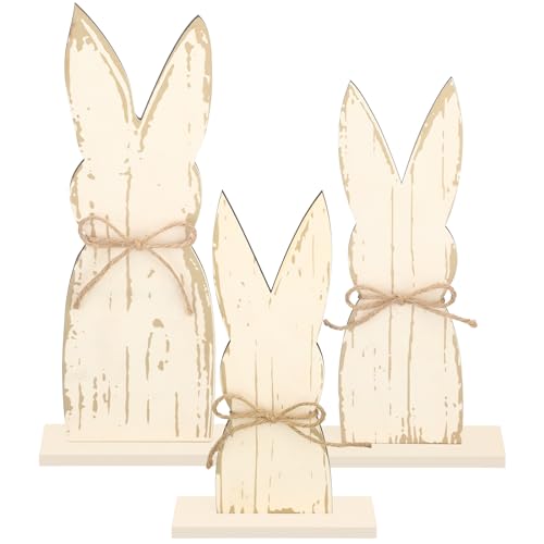 3 Pcs Easter Bunny Wooden Signs with Rope Bow and Base Bunny Shap...