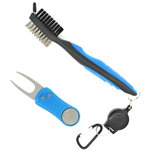 TIMGOU Golf Divot Tool & Club Groove Brush, All Metal Foldable Tool with Repair Pitch Fork and Ball Marker Piece, Double Side Brush with Retractable Zip Line Metal Carabiner
