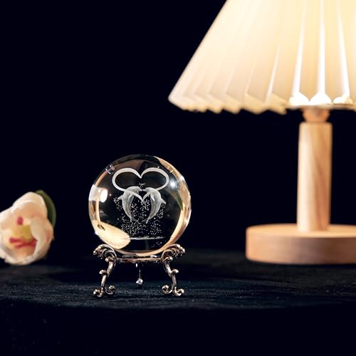 Jftosale 60Mm 3D Dolphin With Love Crystal Ball Paperweight Glass Decorative Balls With Stand Couple'S Gift thumb #2