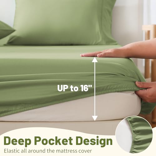 MEISHANG 1000 Thread Count Egyptian Cotton Sheets King - 100% Egyptian Cotton Sheet Set, Sateen Weave, Soft & Breathable, 16" Deep Pockets - 4 Piece (King, Olive Green)