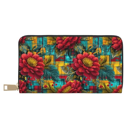Leather Thin Slim Wallets for Women Men - Fashion Summer Red Flowers Print Card Wallet Holder with Zipper
